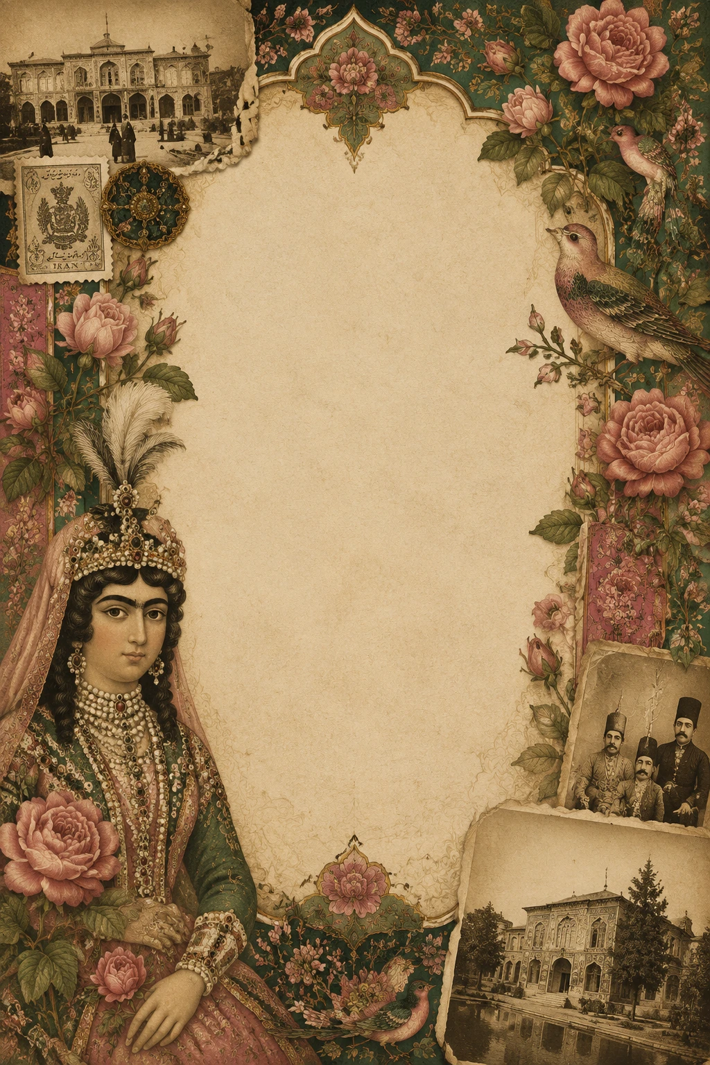 طرح خام پوستر با نقوش، رنگ‌ها و سبک هنری دوره قاجار، همراه با فضای خالی در مرکز برای قرار دادن متن