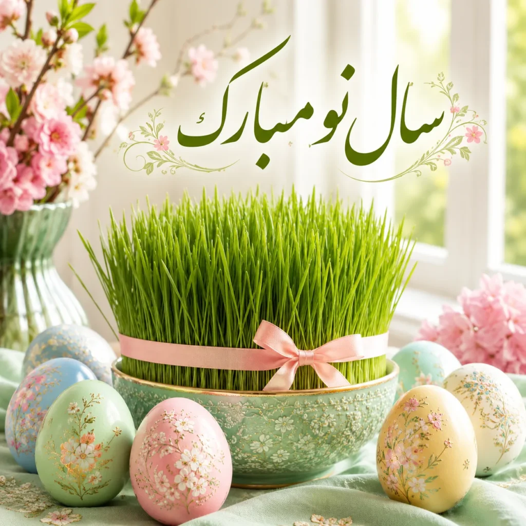 پوستر سال نو با سبزه و تخم‌مرغ رنگی