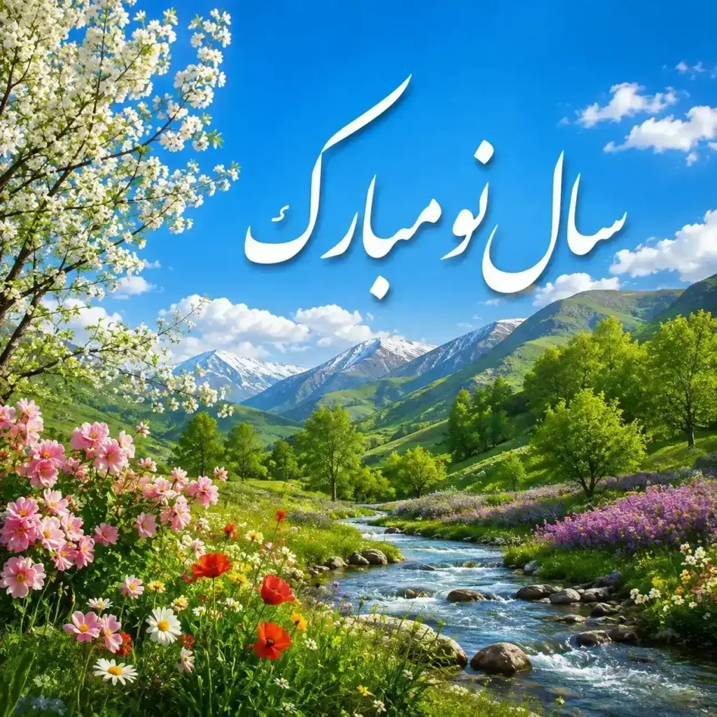 پوستر سال نو مبارک با منظره بهاری