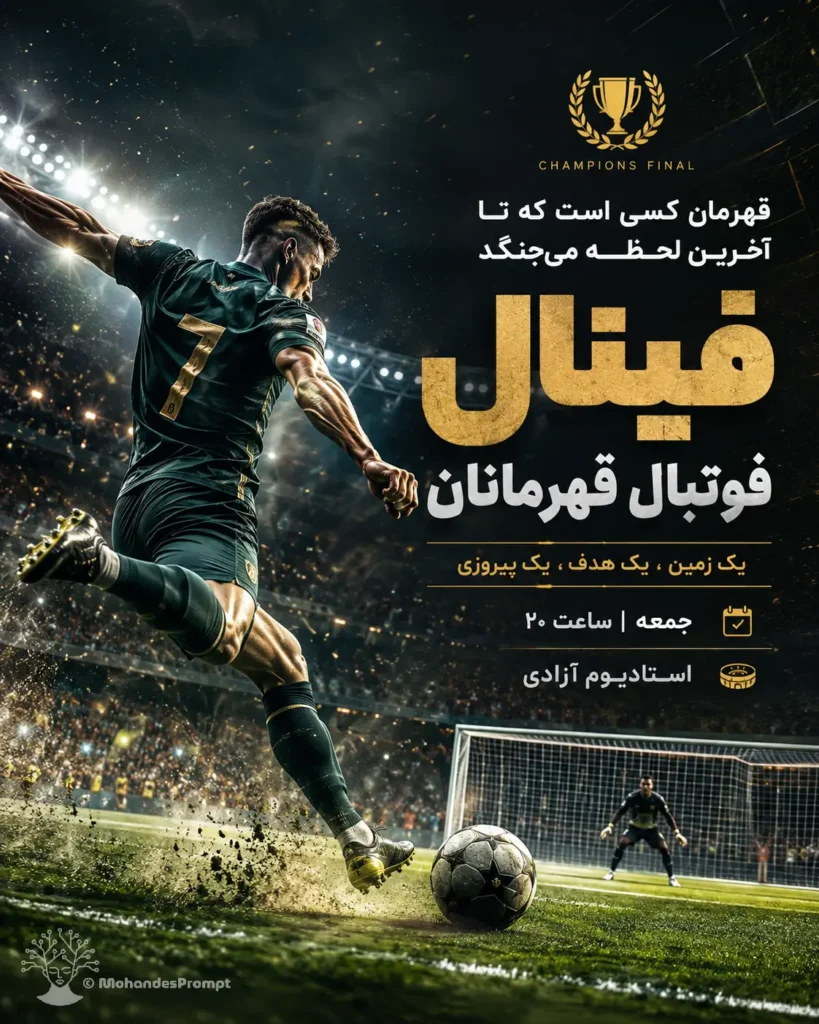 پرامپت طراحی پوستر ورزشی فارسی برای مسابقات فوتبال
