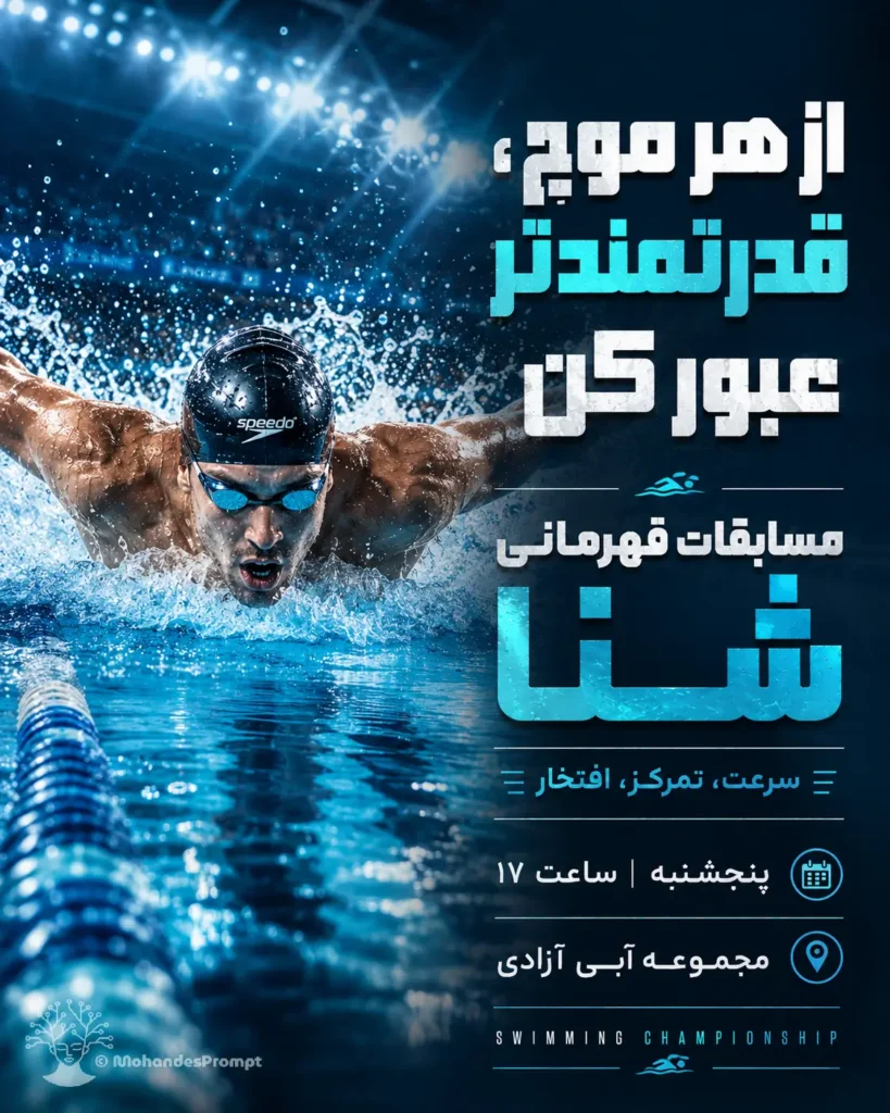 پرامپت طراحی پوستر مسابقات شنا