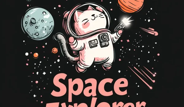 طراحی وکتور تی‌شرت با طرح گربه فضانورد بامزه در فضا و متن Space Explorer